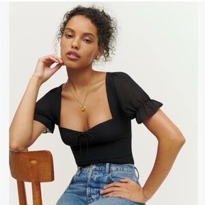 Reformation Delevan Black Puff Sleeve Blouse